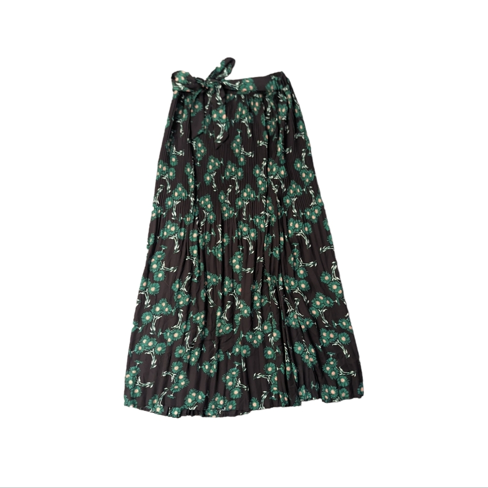 MINT NWOT Topshop Floral Pleated Black n Green Daisy Tie Waist Slit Skirt Size 4